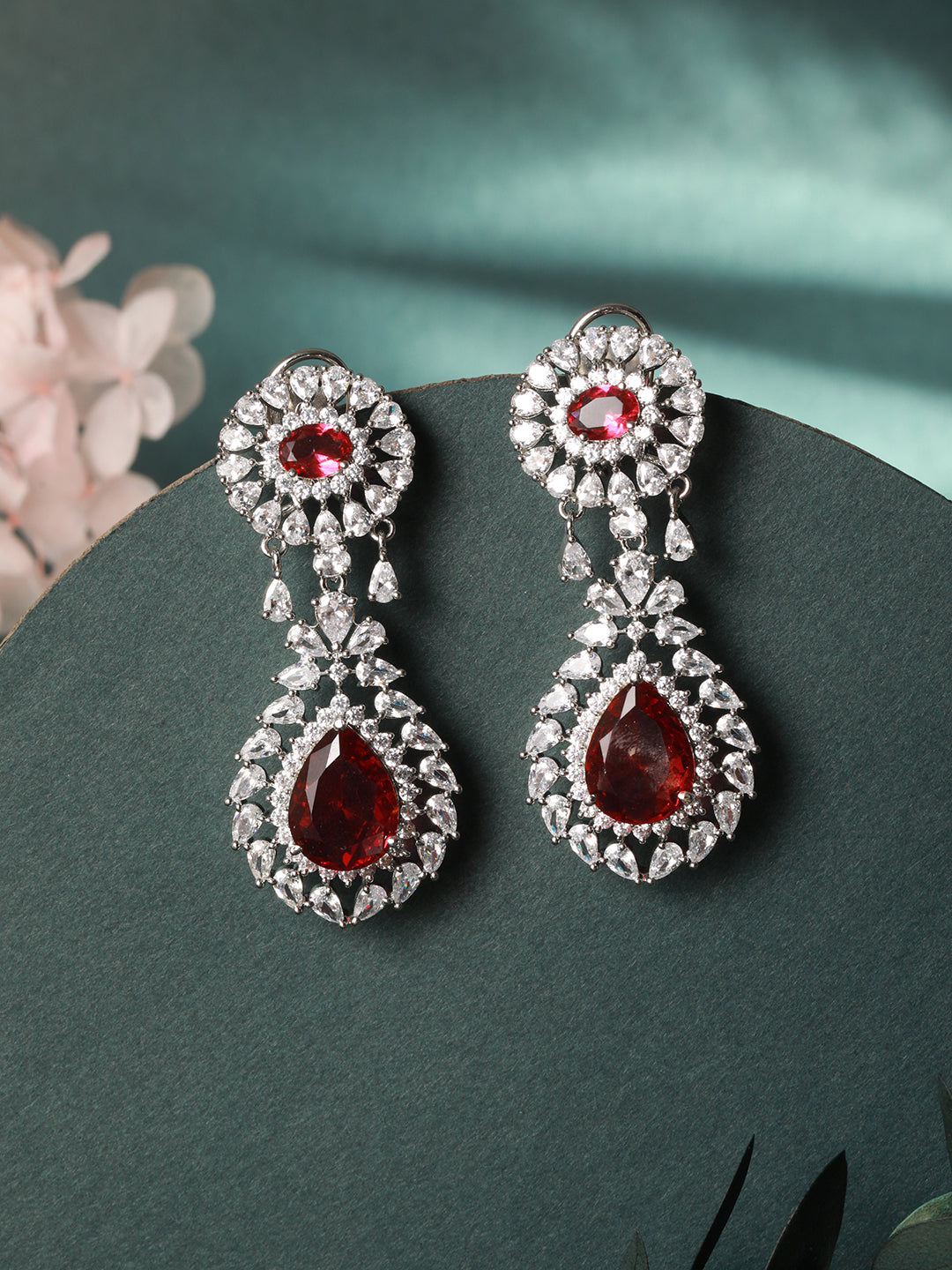 Silver plated Red Ruby CZ Studded Statement designer Earrings
